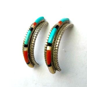 Navajo multi-gemstone silver hoop earrings